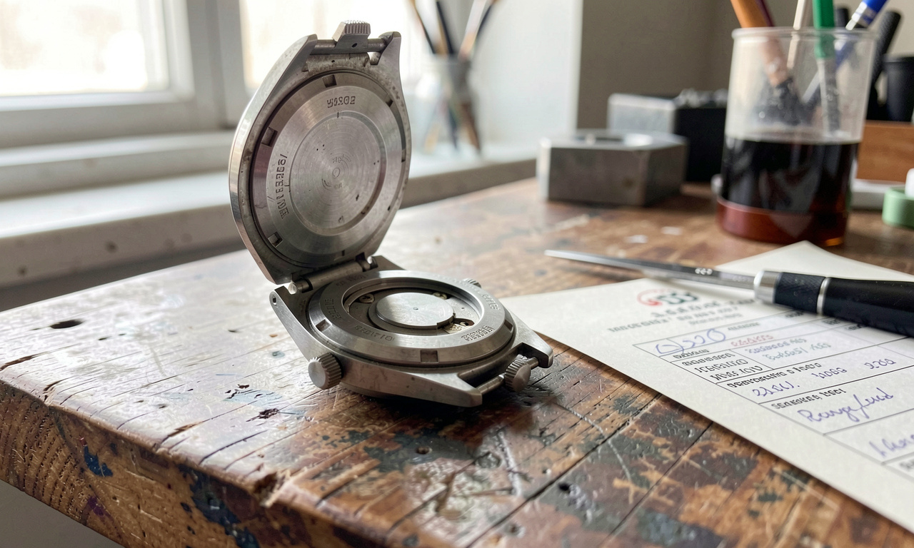 A pre-owned Swiss steel watch with its case back open on a watchmaker's bench, reference number visible between the lugs, loupe and service invoice beside it, soft daylight from a side window.