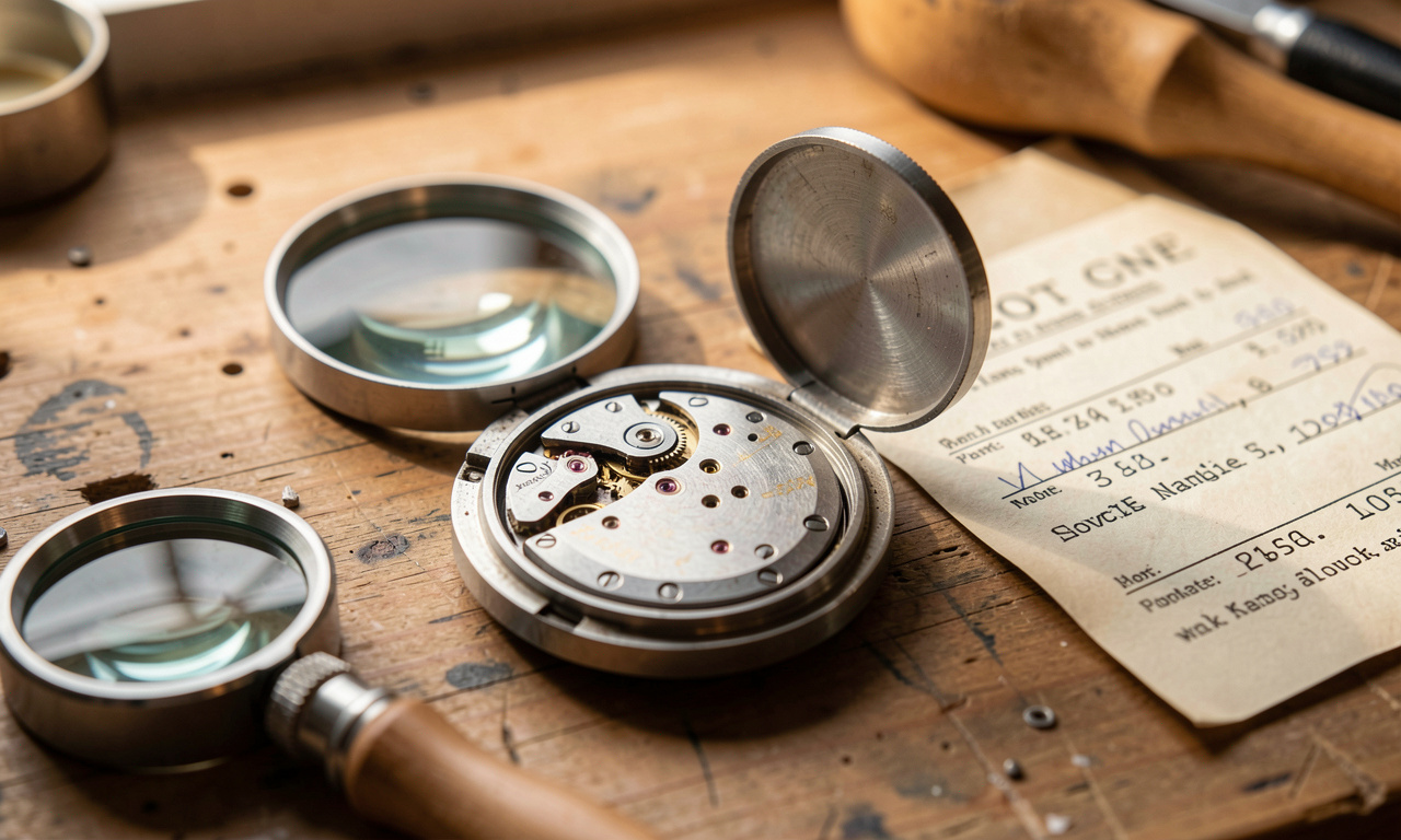 A close-up of an open watch case on a wooden workbench, showing a movement, a loupe and a service paper under warm side light.