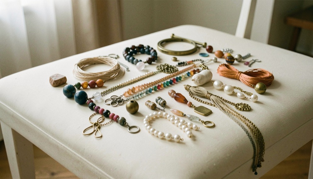 Bead shapes, thread, chain, findings, pearls, and a brass gauge on an ivory bench